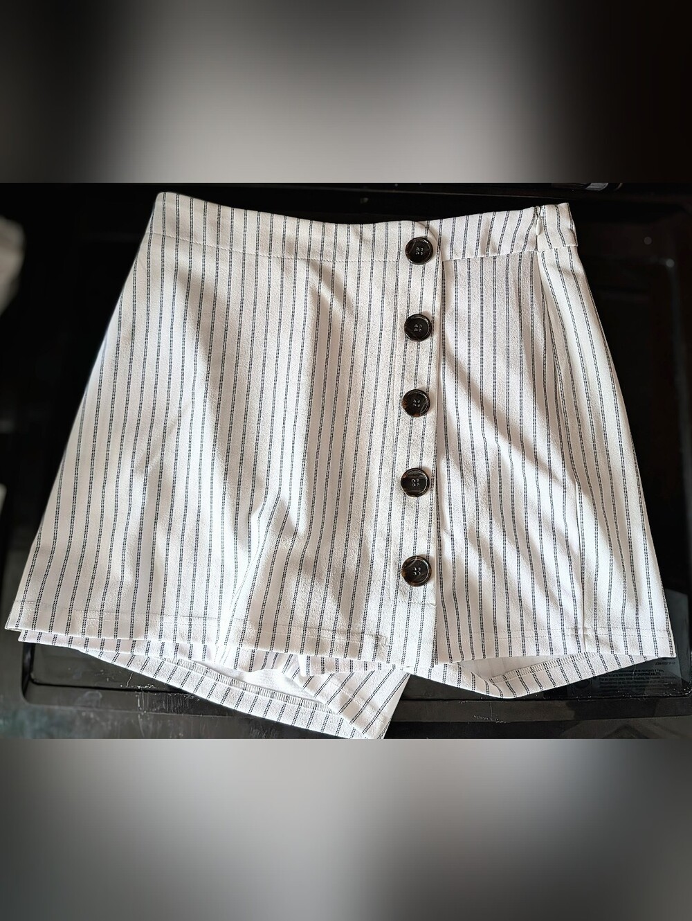White Pinstripe Button-Front Mini Skort